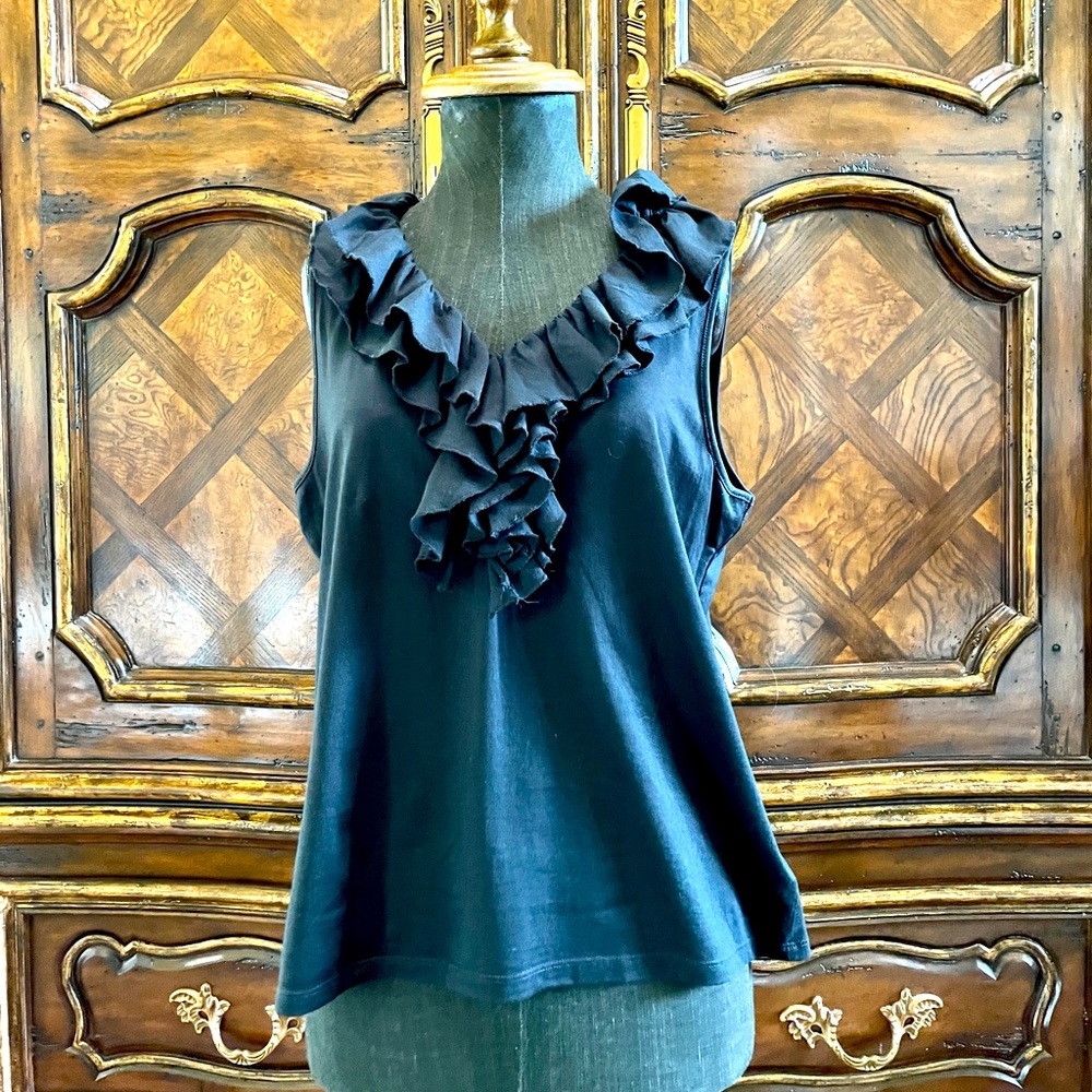 Lauren/Ralph Lauren Black Ruffled Neck, Sleeveless Top